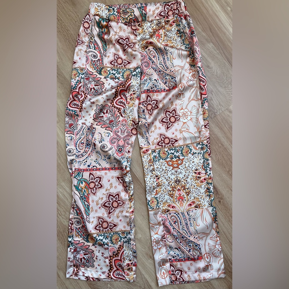 Rachel Zoe satin pants floral paisley boho bohemian elastic waist medium